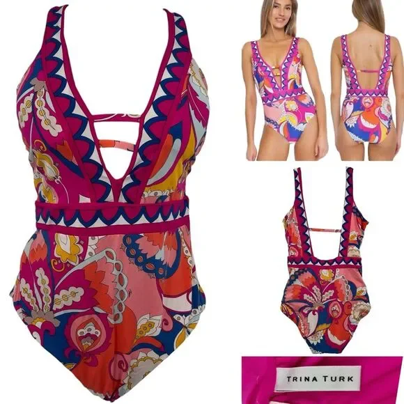 Trina Turk Sevilla V Plunge Strappy One Piece Swimsuit Sz. 14 - Picture 11 of 11
